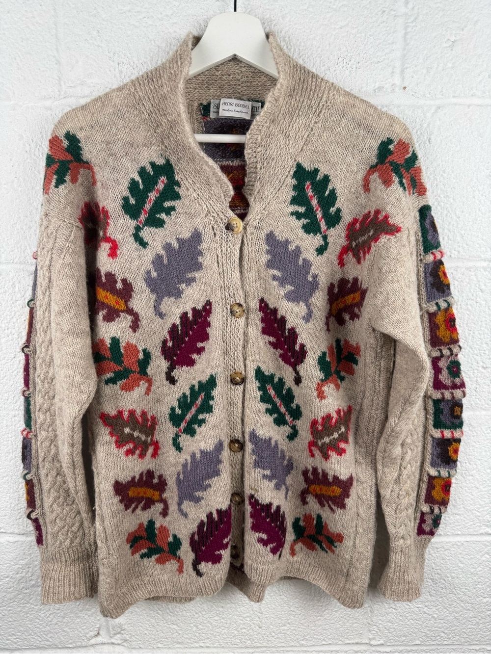 Vintage 80s Henri Bendel Susan Duckworth Hand Knit Wool Leaf Cardigan Rare